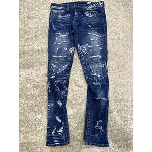 Smoke Rise Size 34x32 Distressed Brush Blue Taper Stretch Patchwork Paint Denim